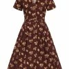 Collectif Caterina Fall Leaves 50's Swing Dress Brown