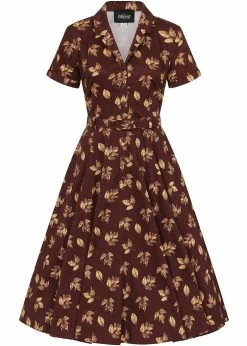 Collectif Caterina Fall Leaves 50's Swing Dress Brown