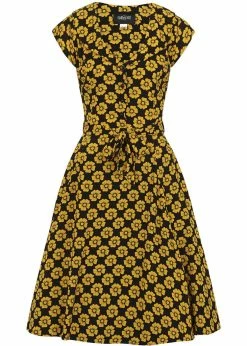 Collectif Violet Vintage Fleur 40's Swing Dress Mustard Black