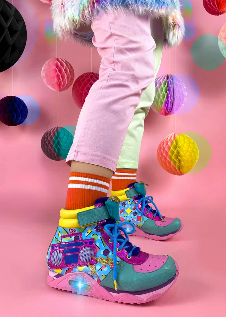 Irregular Choice Boombox Bestie 80's High Top Sneakers Pink Green 5 Irregular Choice Boombox Bestie 80's High Top Sneakers Pink Green - Image 3