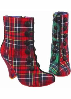 Irregular Choice Cosy Drink Tartan Boots Green Red
