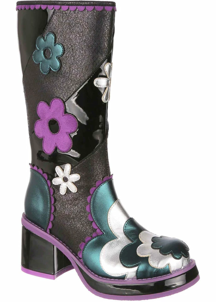Irregular Choice Oh My Daisy 70's Boots Grey Black 2 Irregular Choice Oh My Daisy 70's Boots Grey Black