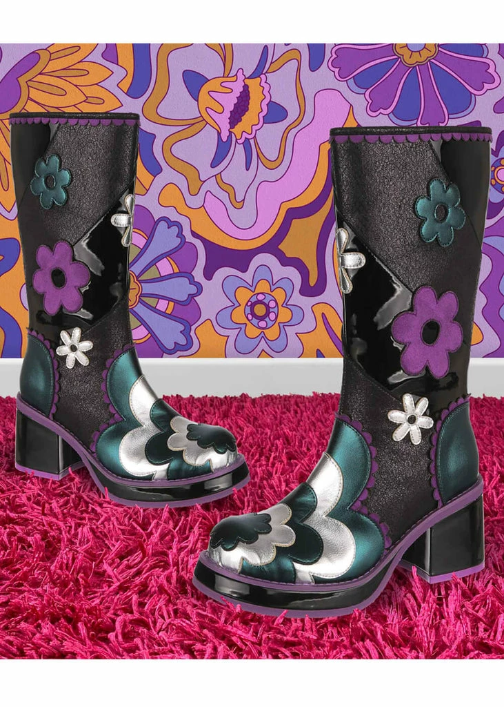Irregular Choice Oh My Daisy 70's Boots Grey Black 3 Irregular Choice Oh My Daisy 70's Boots Grey Black - Image 2