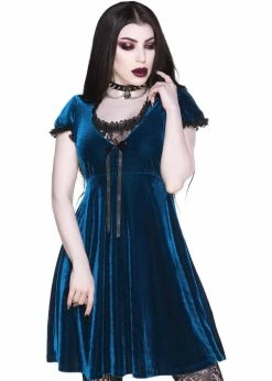 Killstar Heather Velvet 60's Jurk Sapphire Blue