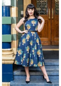 Lady V Hepburn Tigress Tigers 50's Swing Dress Blue -Pretty Retro Sales lady v AW19HEPtigress hepburn tigress dress blue 2 1024x1024