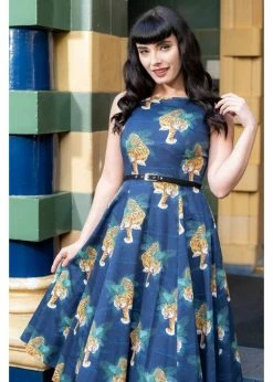 Lady V Hepburn Tigress Tigers 50's Swing Dress Blue