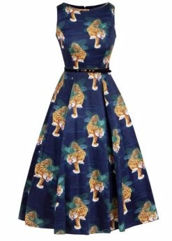 Lady V Hepburn Tigress Tigers 50's Swing Dress Blue -Pretty Retro Sales lady v AW19HEPtigress hepburn tigress dress blue 9 1024x1024