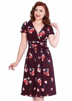 Sheen Tilly Floral 50's Swing Dress Burgundy